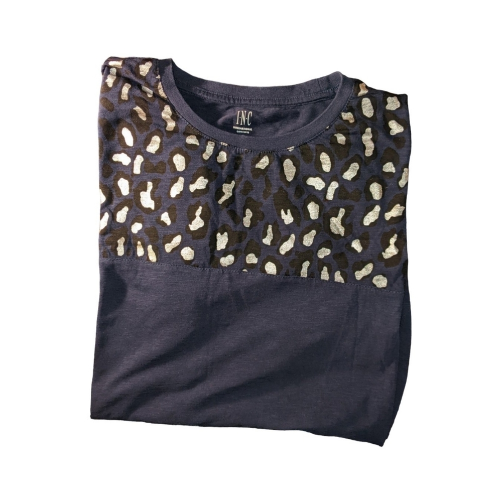 INC Navy Blue Silver Leopard Print Top Size Medium - Picture 2 of 3
